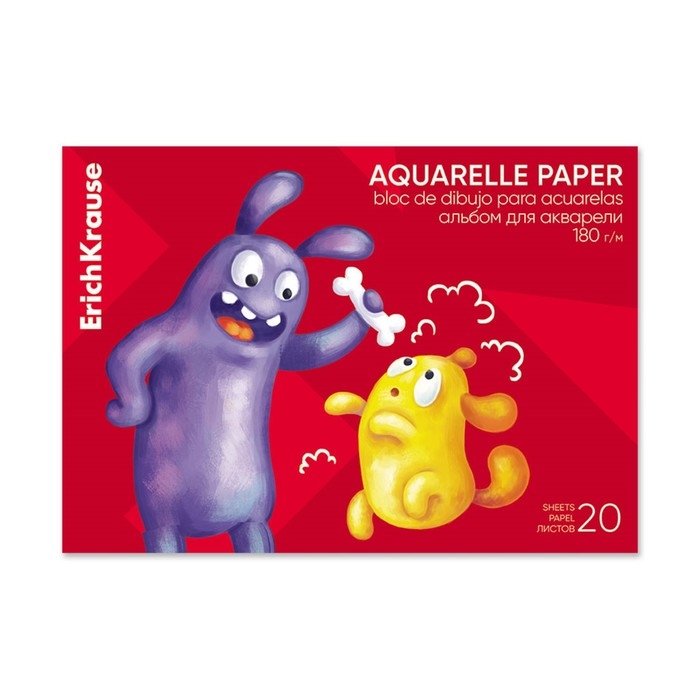 Альбом для акварели А4, 20 листов на клею, Erich Krause Jolly Friends, блок 180 г/м&sup2;, экстра белая, твёрдая подложка