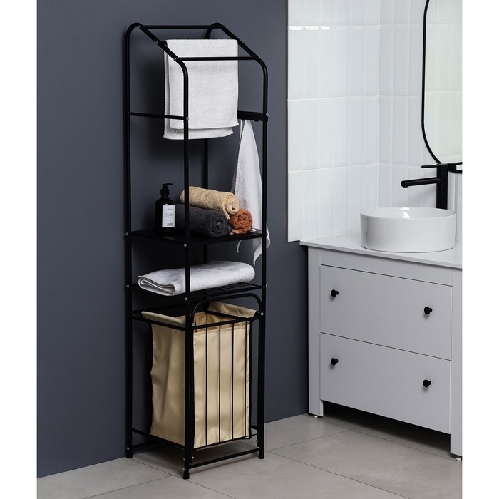 Стеллаж с корзиной для белья и перекладинами, 2-х ярусный, 38&times;35&times;160 см, цвет чёрный