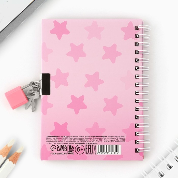 Записная книжка на замочке А6, 50 листов &laquo;Секретики милашки&raquo;