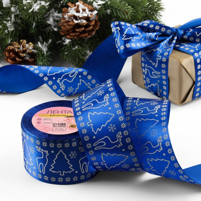 Лента атласная &laquo;Олени&raquo;, 50 мм, 23 &plusmn; 1 м, цвет синий №122
