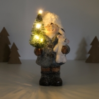 Сувенир керамика свет "Малыш в сером пальто, с ёлочкой и медведем" 10,5х8,5х19 см