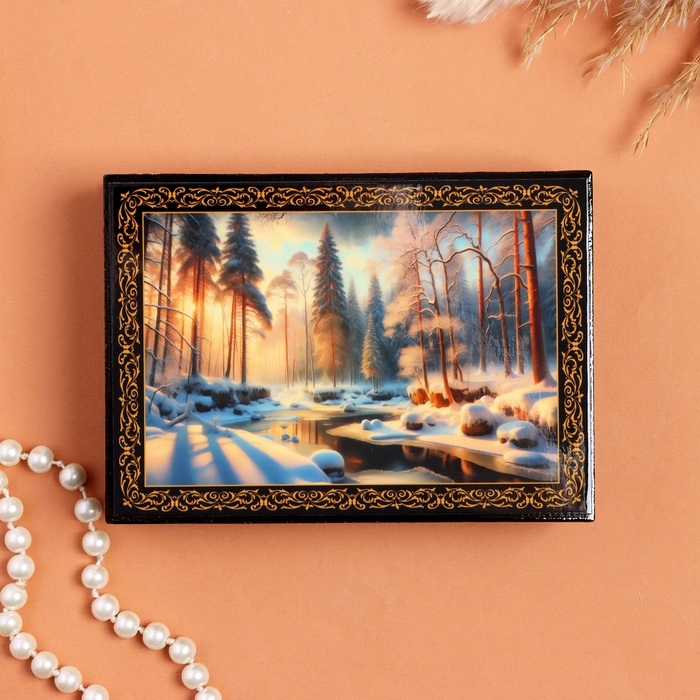 Шкатулка &laquo;Зимний ручей&raquo;, черная, 10х14 см, лаковая миниатюра