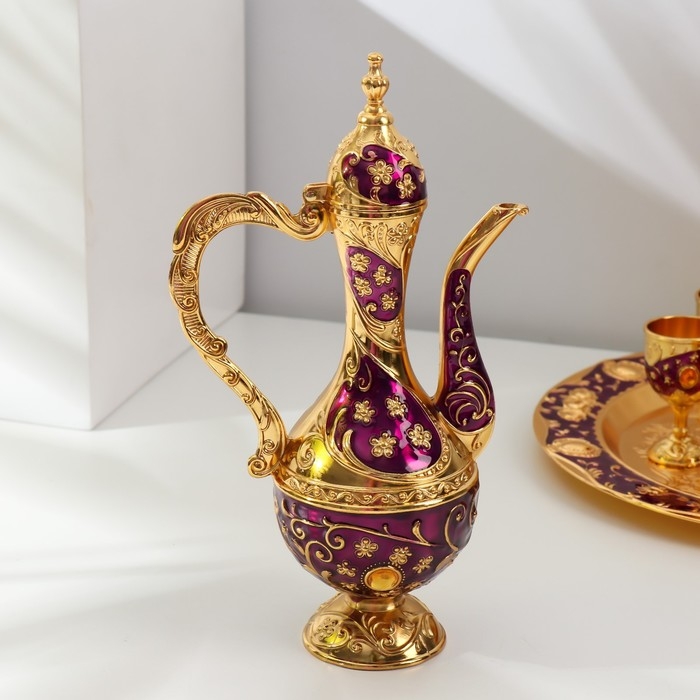 Набор винный кувшин, 6 бокалов и поднос "Стамбул. Цветы" фиолетовый с золотом