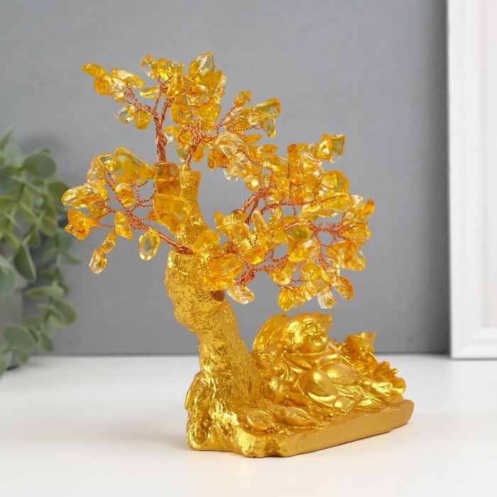 Сувенир бонсай Сувенир бонсай "Хотей с богатствами у денежного дерева" жёлтый 120 камней 13,8х6,2х16,5 см 1047139