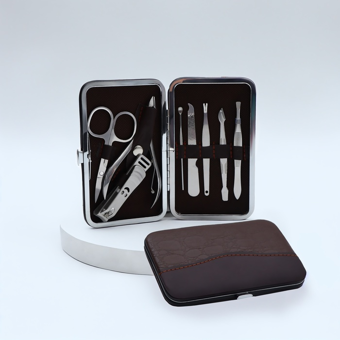 Набор маникюрный, 8 предметов, в футляре, цвет коричневый Набор маникюрный, 8 предметов, в футляре, цвет коричневый