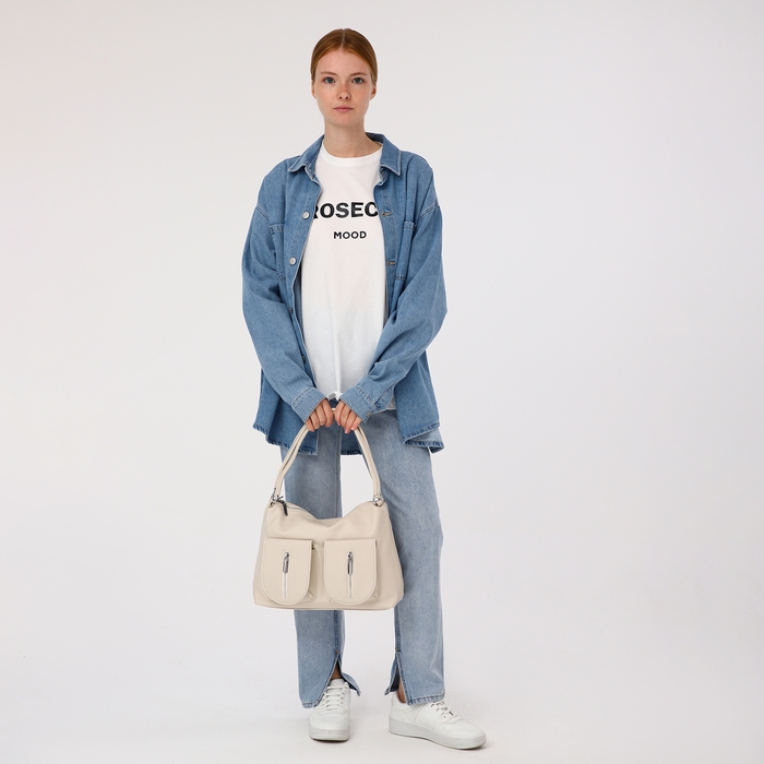 Сумка-тоут на молнии, 3 наружных кармана, цвет молочный Сумка-тоут на молнии, 3 наружных кармана, цвет молочный