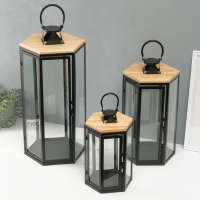 Подсвечник металл, дерево, фонарь"Шесть граней" набор 3 шт 22,5х19,5х43,5; 18,5х16х31 см Подсвечник металл, дерево, фонарь"Шесть граней" набор 3 шт 22,5х19,5х43,5; 18,5х16х31 см