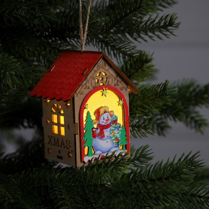 Ёлочная игрушка &laquo;Домик со снеговиком&raquo;, от батареек, свечение тёплое белое