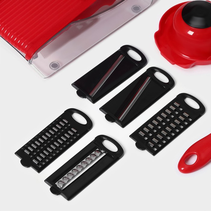 Тёрка с лотком Доляна Vegan, 6 насадок, 30&times;10,5&times;11 см, цвет зелёный, овощечистка металлическая, цвет красный