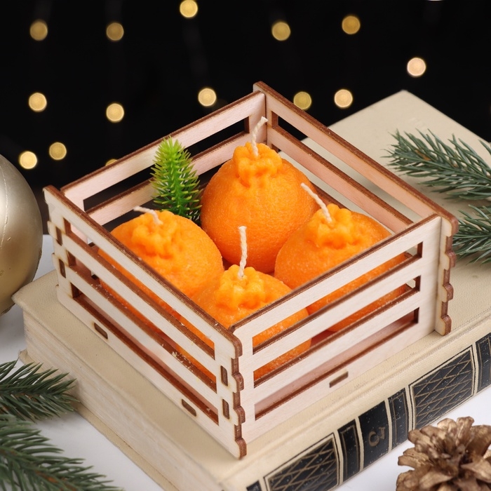 Новый год Набор свечей "четыре мандаринчика", в деревянном ящике