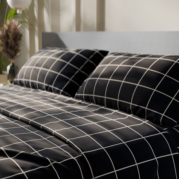 Постельное бельё Этель 2 сп "Клетка" цвет чёрный 175х215, 200х220, 50х70-2 шт, бязь, 125 г/м2