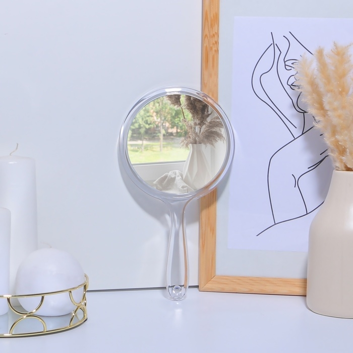 Зеркало с ручкой, двустороннее, с увеличением, d зеркальной поверхности 12,5 см, цвет прозрачный Зеркало с ручкой, двустороннее, с увеличением, d зеркальной поверхности 12,5 см, цвет прозрачный
