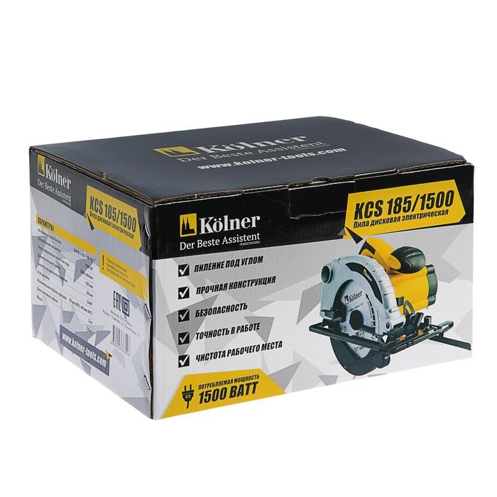 Пила циркулярная Kolner KCS 185/1500, 1500 Вт, 5000 об/мин, d=185х20 мм, пропил 65 мм, 0-45&deg;