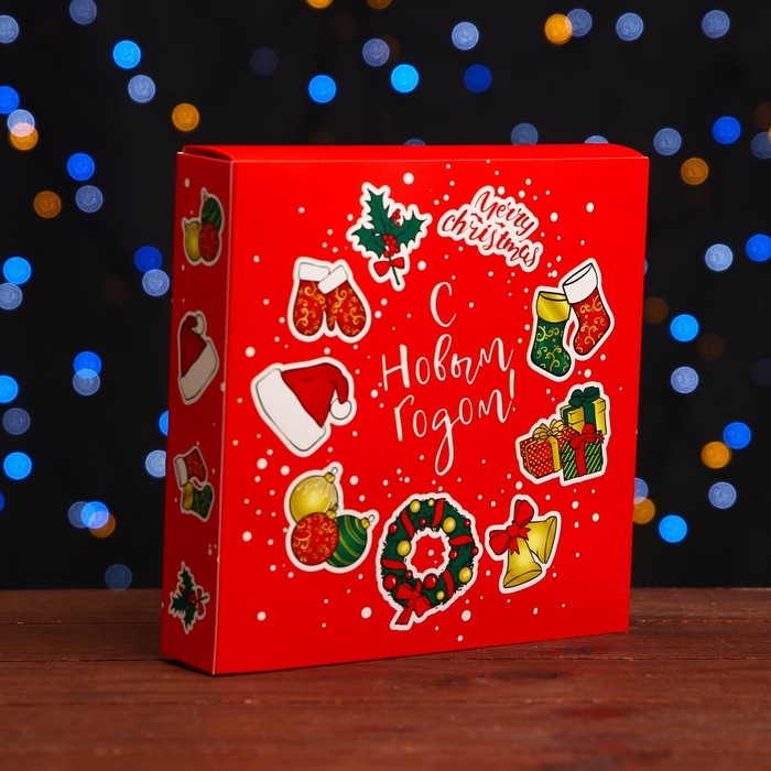 Новый год. Коробка под 8 конфет и шоколадки, 17,7х17,7х3,8 см, кондитерская упаковка