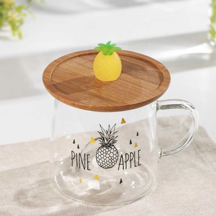 Кружка стеклянная с деревянной крышкой «Ананасик», 300 мл Кружка стеклянная с деревянной крышкой «Ананасик», 300 мл