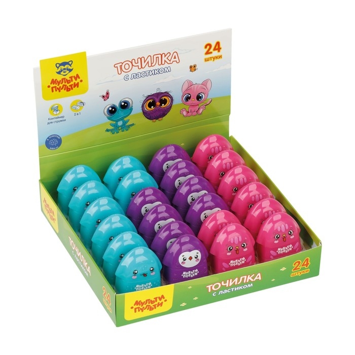 Точилка пластиковая с ластиком Мульти-Пульти Точилка пластиковая с ластиком Мульти-Пульти "Милашки", 1 отверстие, с контейнером МИКС