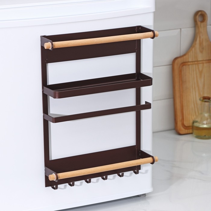 Держатель для кухонных принадлежностей на магните Доляна, 6 крючков, 4 направляющих, 34&times;24,5&times;34 см, цвет коричневый