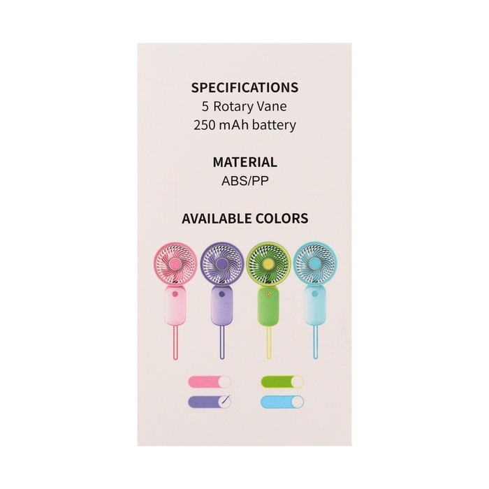 Портативный вентилятор YM88151, 250 мАч, 1 режим, кабель для зарядки, фиолетовый Портативный вентилятор YM88151, 250 мАч, 1 режим, кабель для зарядки, фиолетовый