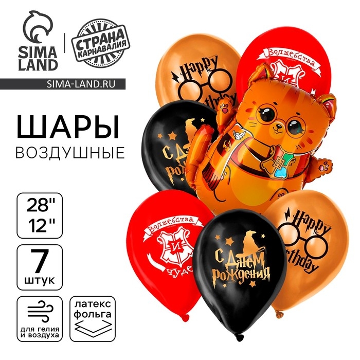 Набор воздушных шаров "С днём рождения. Котик-волшебник", фольга 1 шт., латекс 6 шт.
