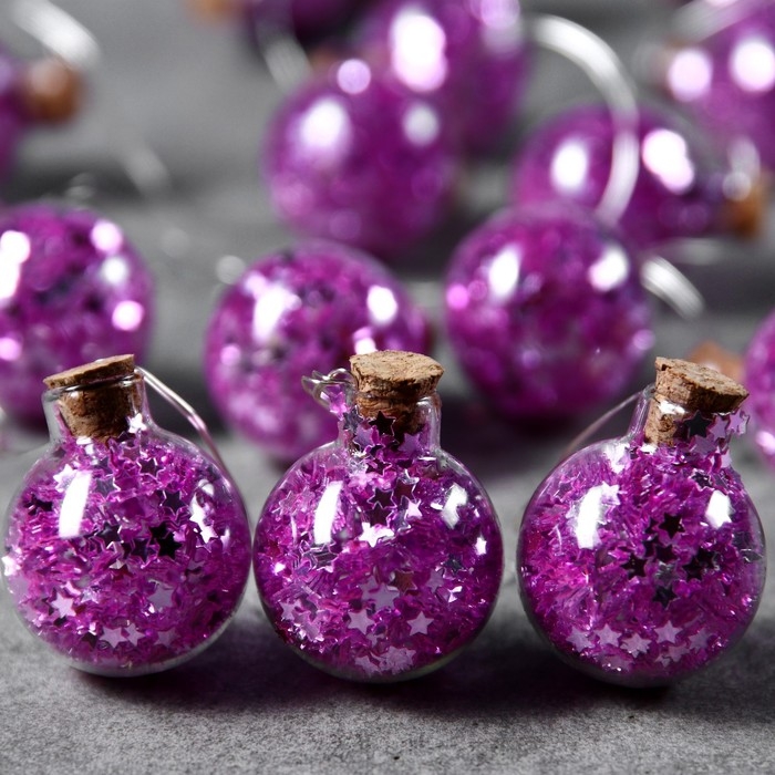 Гирлянда &laquo;Нить&raquo; 1.6 м с насадками &laquo;Фиолетовые шарики&raquo;, IP20, серебристая нить, 15 LED, батарейки ААх2 (нет в комплекте), свечение белое