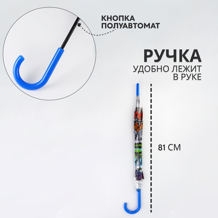 Зонт - трость полуавтоматический &laquo;Бабочки&raquo;, 8 спиц, R = 43/60 см, D = 120 см, рисунок МИКС