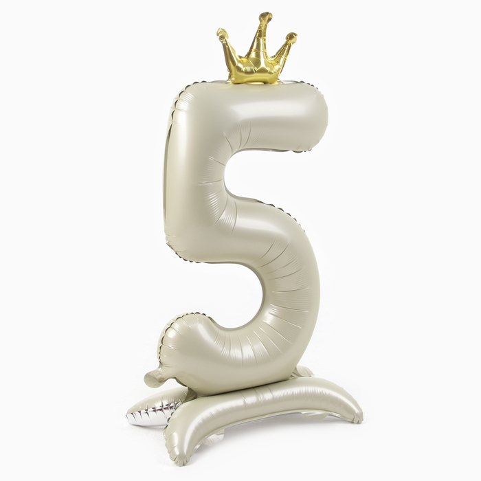 Шар фольгированный 42 Шар фольгированный 42" «Цифра 5 с короной» на подставке, цвет взбитые сливки