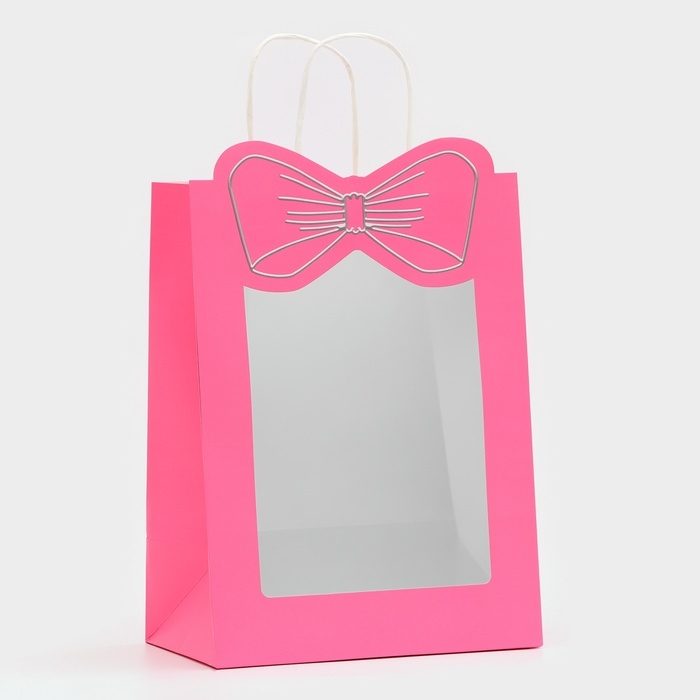 Пакет подарочный новогодний с окном "Бант" 30 х 22 х 14 см.