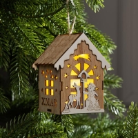 Ёлочная игрушка &laquo;Домик с оленем и снеговиком&raquo;, от батареек, свечение тёплое белое