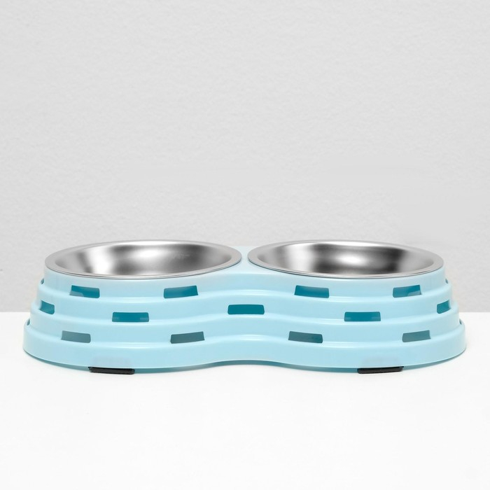 Миска металлическая двойная на пластиковом основании 2 х 160 мл, 25 х 14 х 5 см, голубая