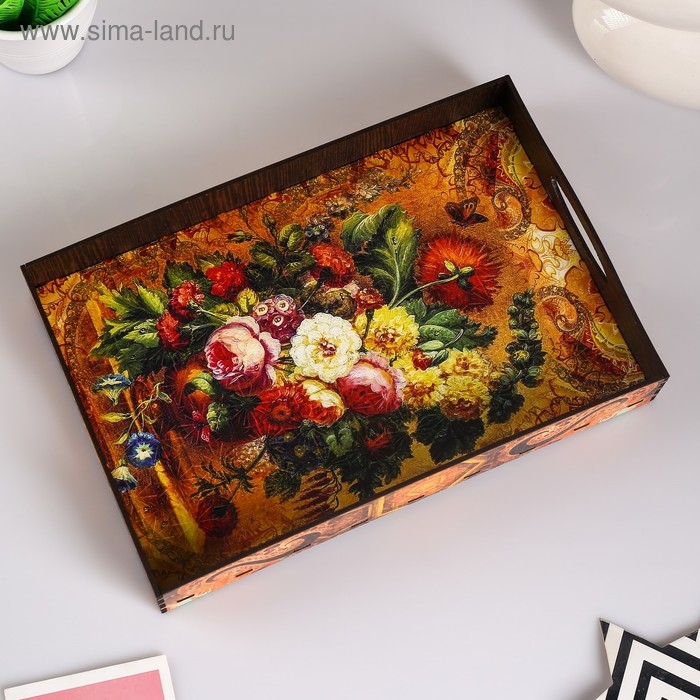 Поднос с ручками Поднос с ручками "Цветы", деревянный, 30х20х4,5см