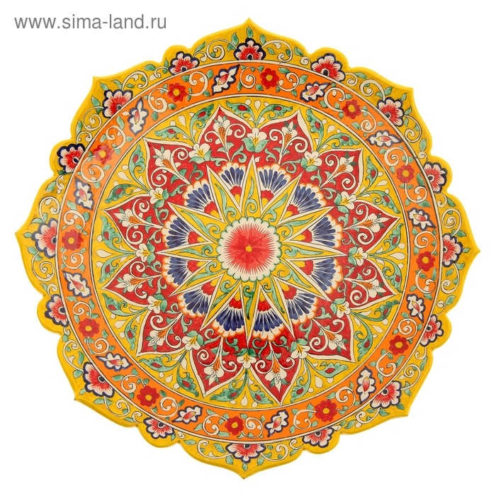 Ляган Риштанская Керамика "Цветы", 40 см, красный микс, рифлённый