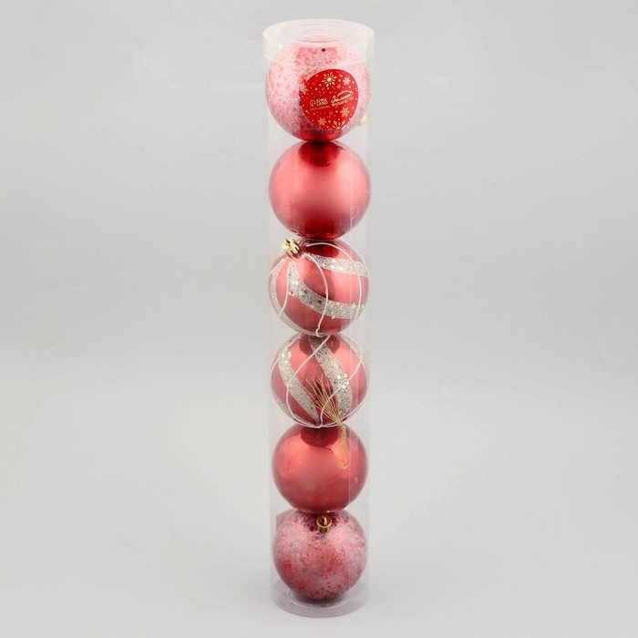 Набор шаров пластик d-8 см, 6 шт "Эйвери" полосы, серебристо-красный