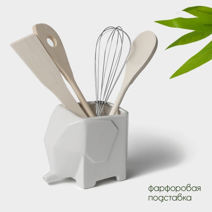 Набор кухонных принадлежностей на фарфоровой подставке BellaTenero &laquo;Слонёнок&raquo;, 5 предметов, цвет белый