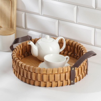 Поднос - корзинка для завтрака Доляна &laquo;Массив&raquo;, с ручками из искусственной кожи, d=29 см