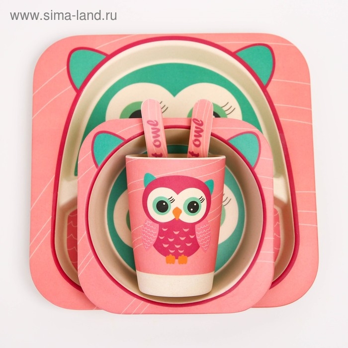 Набор детской бамбуковой посуды &laquo;Совушка&raquo;, тарелка, миска, стакан, приборы, 5 предметов