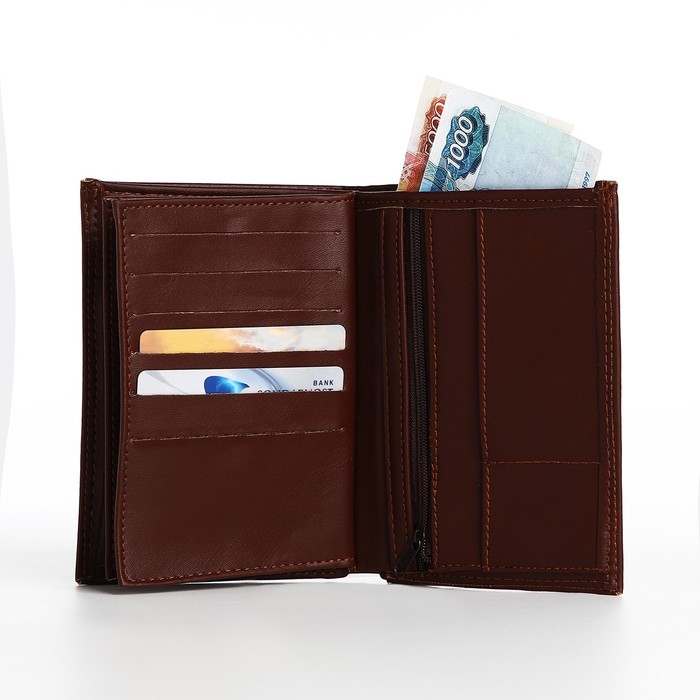 Портмоне мужское без застёжки, 3 в 1, отдел автодокументов, паспорта, карт, купюр, цвет коричневый