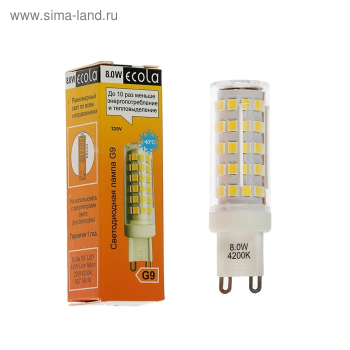 Лампа светодиодная Ecola LED Premium, G9, 8 Вт, 4200 K, 360&deg;, 65x19 мм