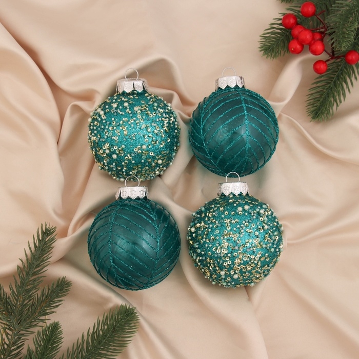 Набор шаров пластик d-8 см, 4 шт "Аустен" паутинка, бирюзовый