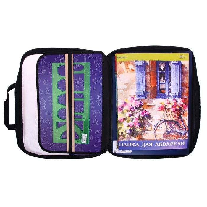 Папка для труда А4, 335 х 260 х 60 мм, с ручками, текстиль, ПВХ, с наполнением 13 предметов, Calligrata, ПТР-111, Папка для труда А4, 335 х 260 х 60 мм, с ручками, текстиль, ПВХ, с наполнением 13 предметов, Calligrata, ПТР-111, "Карандаши"