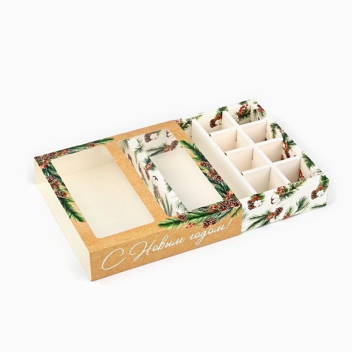 Коробка под 8 конфет и шоколад с ячейками &laquo;С Новым годом!&raquo;, еловые веточки, 18 х 18 х 4 см, Новый год
