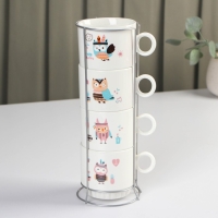 Набор кружек керамических на металлической подставке Доляна &laquo;Совы&raquo;, 4 предмета: 200 мл, рисунок МИКС