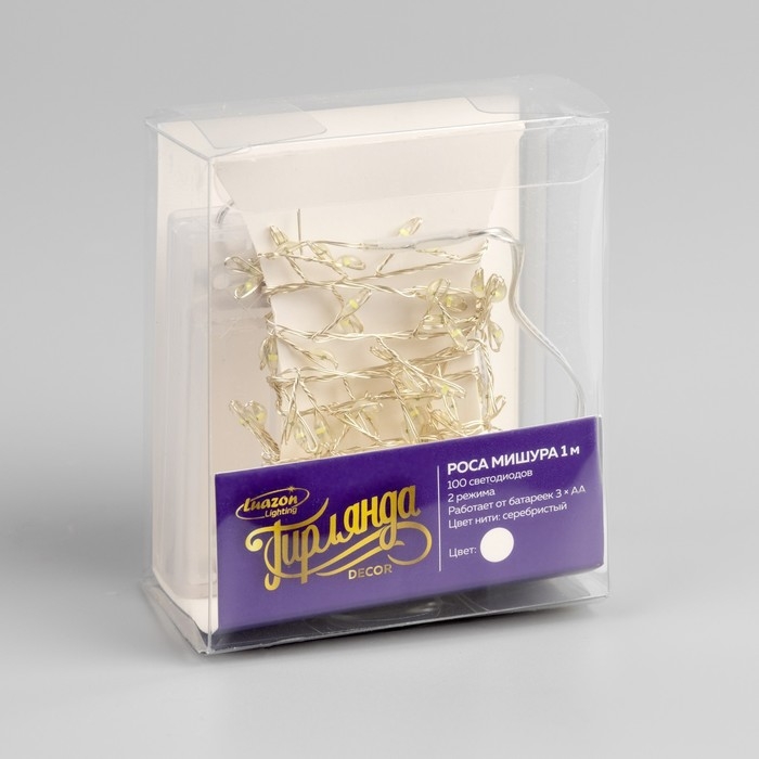 Гирлянда &laquo;Мишура&raquo; 1 м роса, IP20, серебристая нить, 100 LED, 2 режима, батарейки AAх3 (нет в комплекте), свечение белое