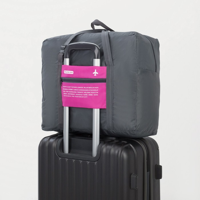 Сумка дорожная на молнии, складная в косметичку, наружный карман, держатель для чемодана, цвет серый/розовый Сумка дорожная на молнии, складная в косметичку, наружный карман, держатель для чемодана, цвет серый/розовый