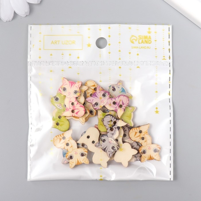 Пуговицы дерево для творчества 2 прокола "Кошка" набор 15 шт 1,6х2,6 см МИКС