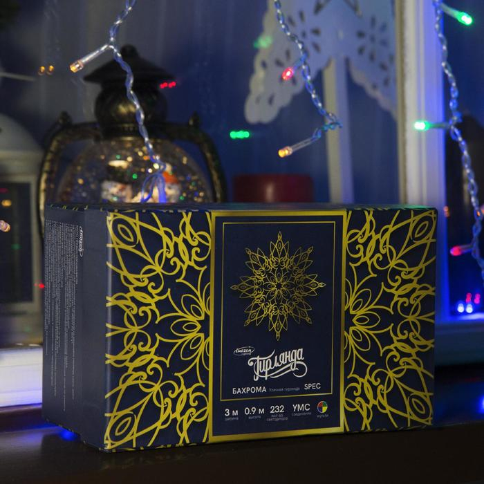 Гирлянда &laquo;Бахрома&raquo; 3 &times; 0.9 м, IP44, УМС, прозрачная нить, 232 LED, свечение мульти, 220 В