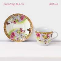Набор чайный керамический на металлической подставке Доляна &laquo;Садовый дворик&raquo;, 13 предметов: 6 чашек 200 мл, 6 блюдец d=14,1 см, чайник 1 л ㅤ