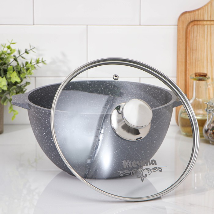 Казан &laquo;Гранит&raquo;, 4 л, стеклянная крышка, литые ручки, антипригарное покрытие, цвет серый