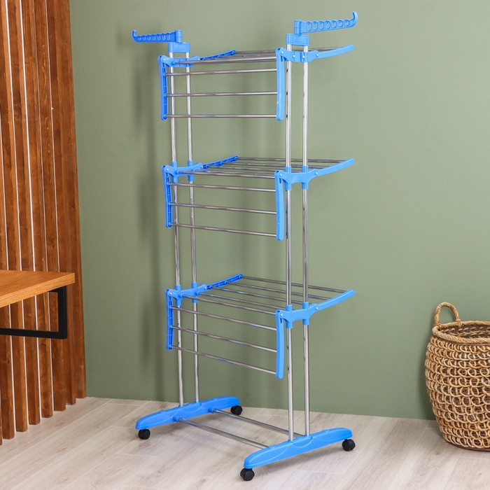 Сушилка для белья напольная 3-х уровневая Доляна, 75(126)&times;64&times;170 см, рабочая длина 16 м, на колёсах, нержавеющая сталь