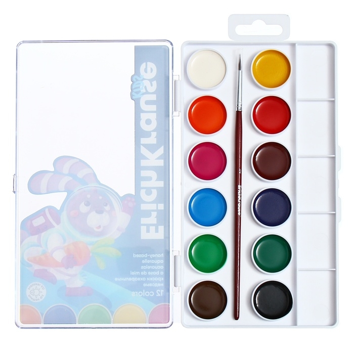 Акварель 12 цветов, ErichKrause Kids Space Animals, медовая, с УФ защитой яркости, пластиковая коробка, европодвес