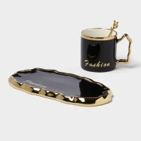 Чайная пара керамическая &laquo;Роскошь&raquo;, 3 предмета: кружка 250 мл, блюдце 23,5&times;13 см, ложка, цвет чёрный